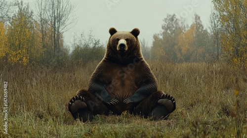 A large brown bear sits on a grassy area surrounded by rocks.