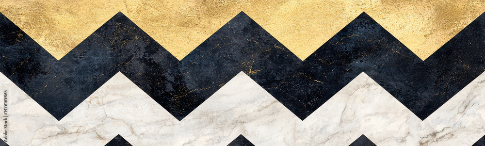 Fototapeta premium Bold geometric chevron pattern with gold, black, and white textures