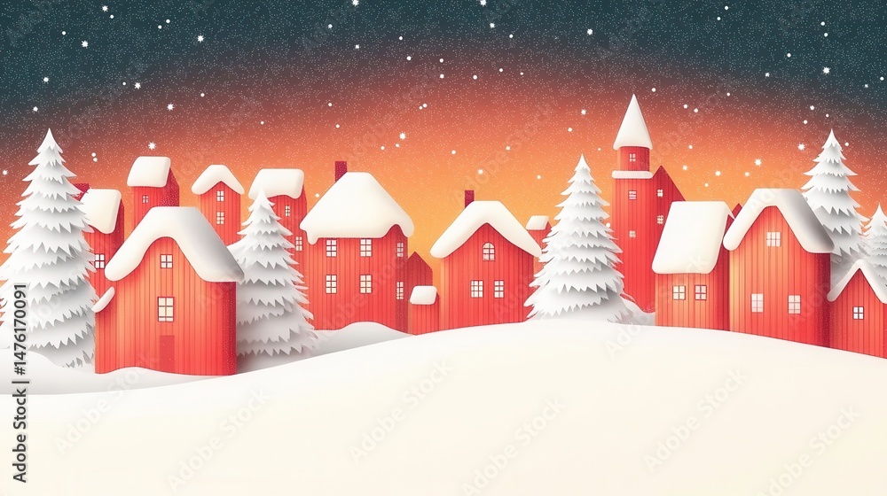 Fototapeta premium Festive Winter Village Scene Cozy Snow Covered Houses Under Starry Night Sky