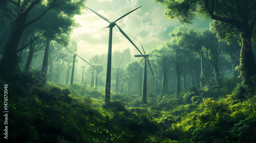 Fototapeta Naklejka Na Ścianę i Meble -  Generate a futuristic wind turbine field. [Verdant Mechanica] | Canopy Rotor | jungle spin. Illustration