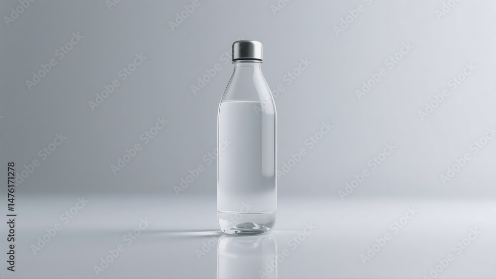 A photorealistic mockup of a clear glass water bottle with a silver cap A photorealistic mockup of a clear glass water bottle with a silver cap