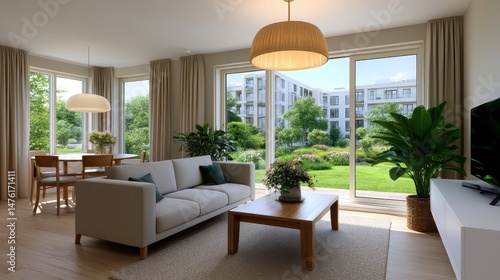 Modern Apartment Living Room with Garden View Large Windows and Stylish Furniture