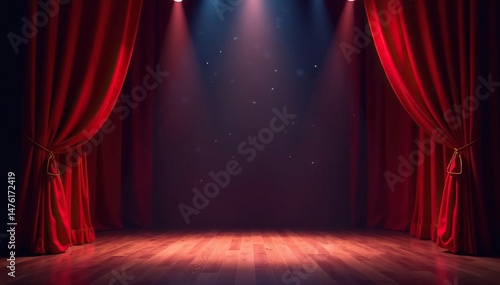 Empty theatrical stage with red curtains, spotlight, ready for a performance , illumination, show, stage design