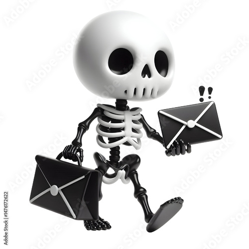 BLACK Cute 3d skeleton walk and holding a mail message isolated on white background