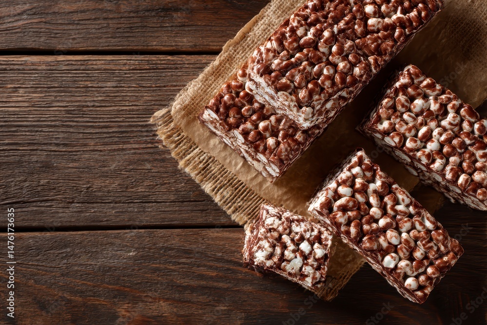 Delicious chocolate puffed rice bars on wooden table