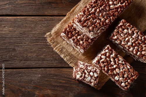 Obraz na płótnie Delicious chocolate puffed rice bars on wooden table w salonie