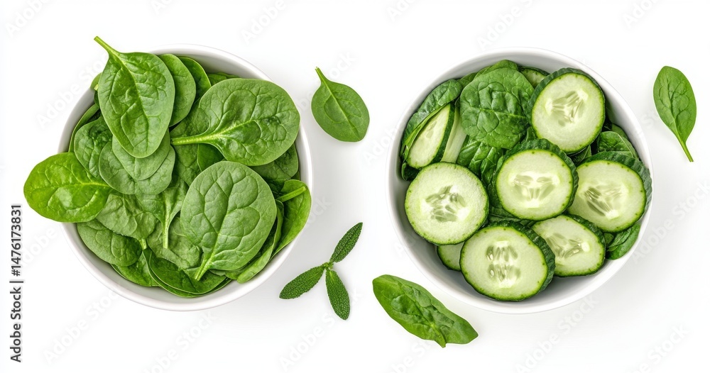 Obraz premium Fresh spinach and cucumber slices in bowls