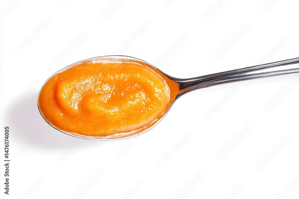Baby food. Tasty puree in spoon isolated on white