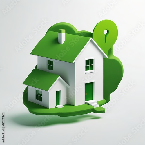 House with Question Mark Icon, 3d Rendered, Green and White