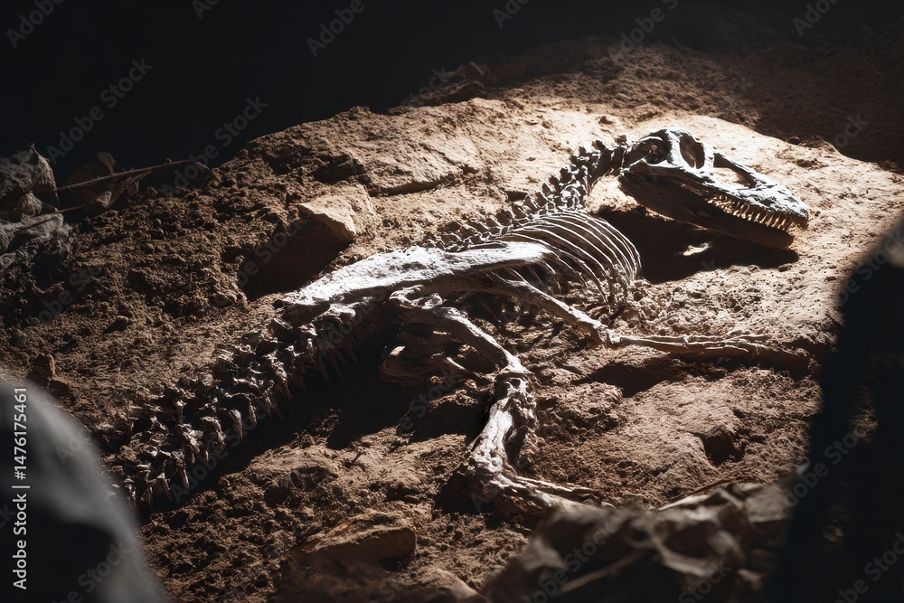Bones and body of a dinosaur excavated on a rock