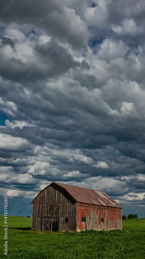 A rustic wooden barn stands in a green field under a dramatic sky filled with fluffy clouds. The barn features a weathered appearance with a rusty roof. A rustic wooden barn stands in a green field under a dramatic sky filled with fluffy clouds. The barn features a weathered appearance with a rusty roof.