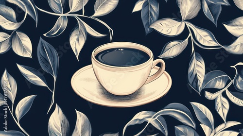 Delicate cup of coffee amidst stylized leaves.