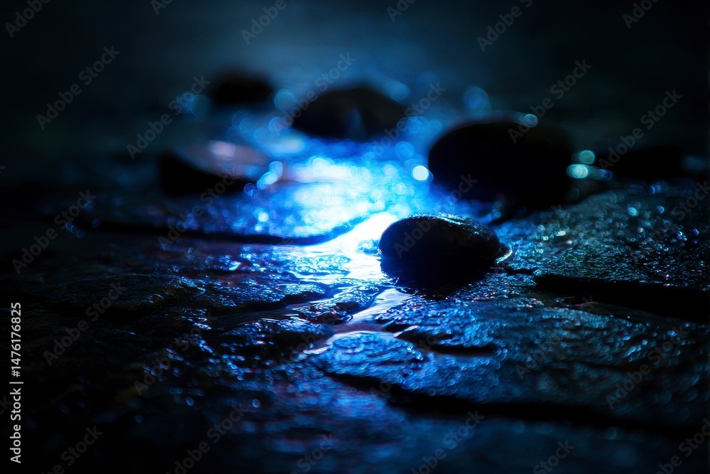 Blue spotlight on wet rock floor with stones in dark background