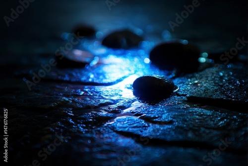 Obraz na płótnie Blue spotlight on wet rock floor with stones in dark background w salonie