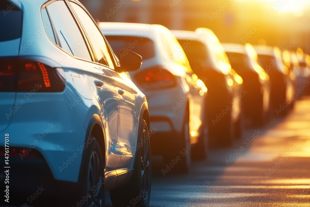 Fototapeta premium Modern sports cars waiting in a traffic jam during a vibrant sunset in a big city