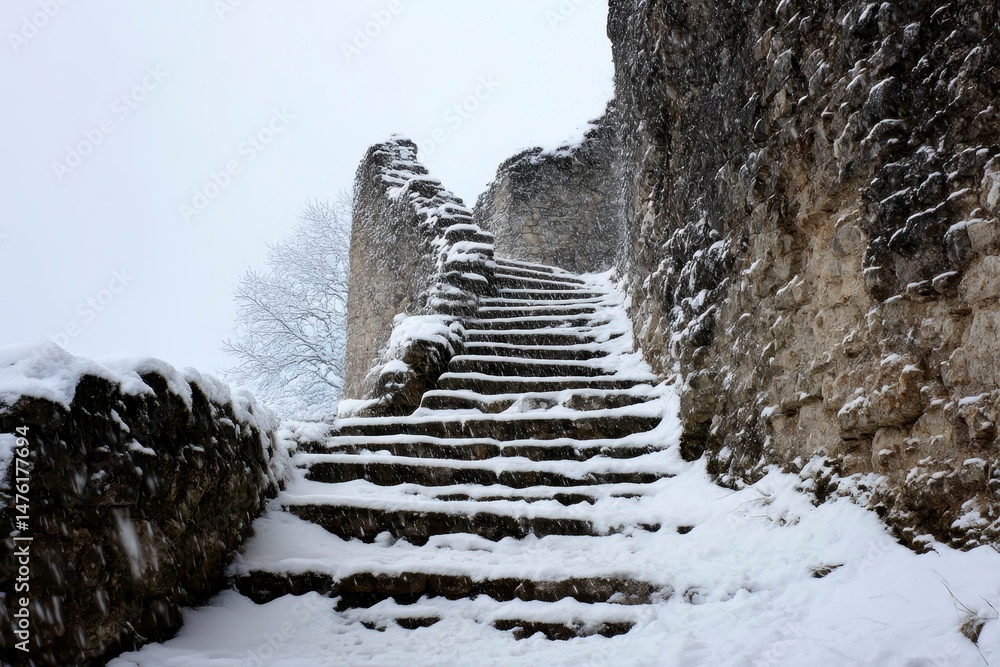 Snow-covered stone steps and wall of a ruined castle