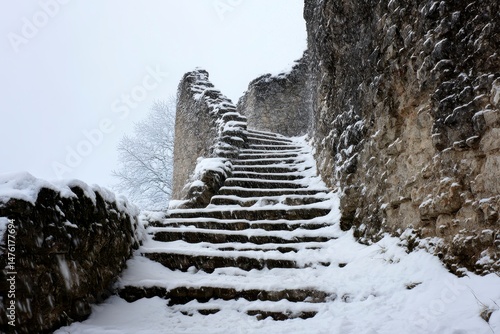 Obraz na płótnie Snow-covered stone steps and wall of a ruined castle w salonie