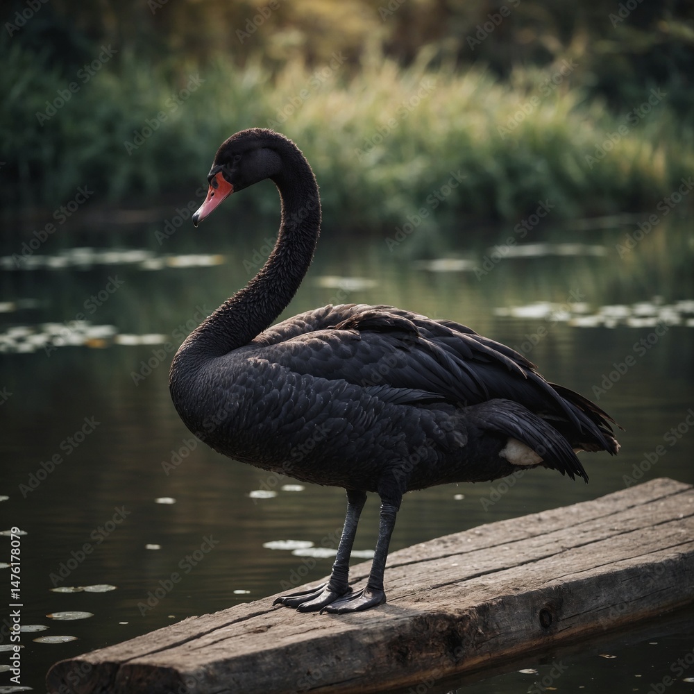 Fototapeta premium Black Swan bird on piece of wood.