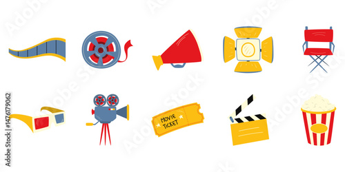 Movie time and cinema illustration. Film roll, projector, ticket, pop corn for cinema and movie decoration. Vector isolated.