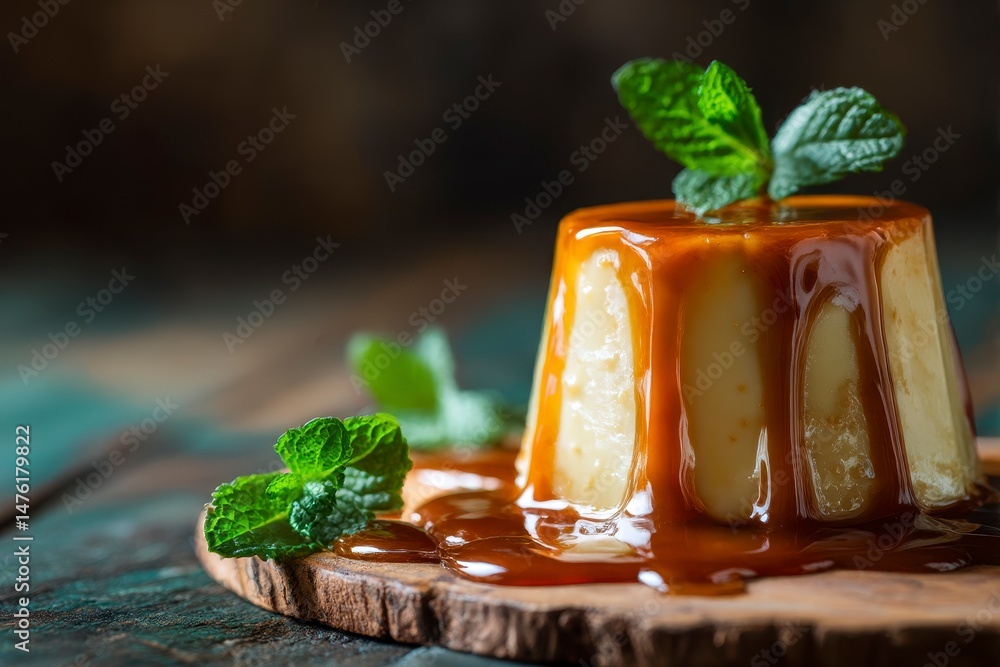 Delicious pudding with caramel sauce and mint served on wooden table