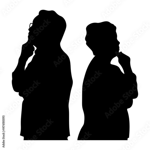 考える中高年の男女のシルエットイラスト