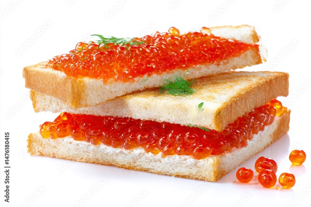 Tasty sandwiches with red caviar isolated on white