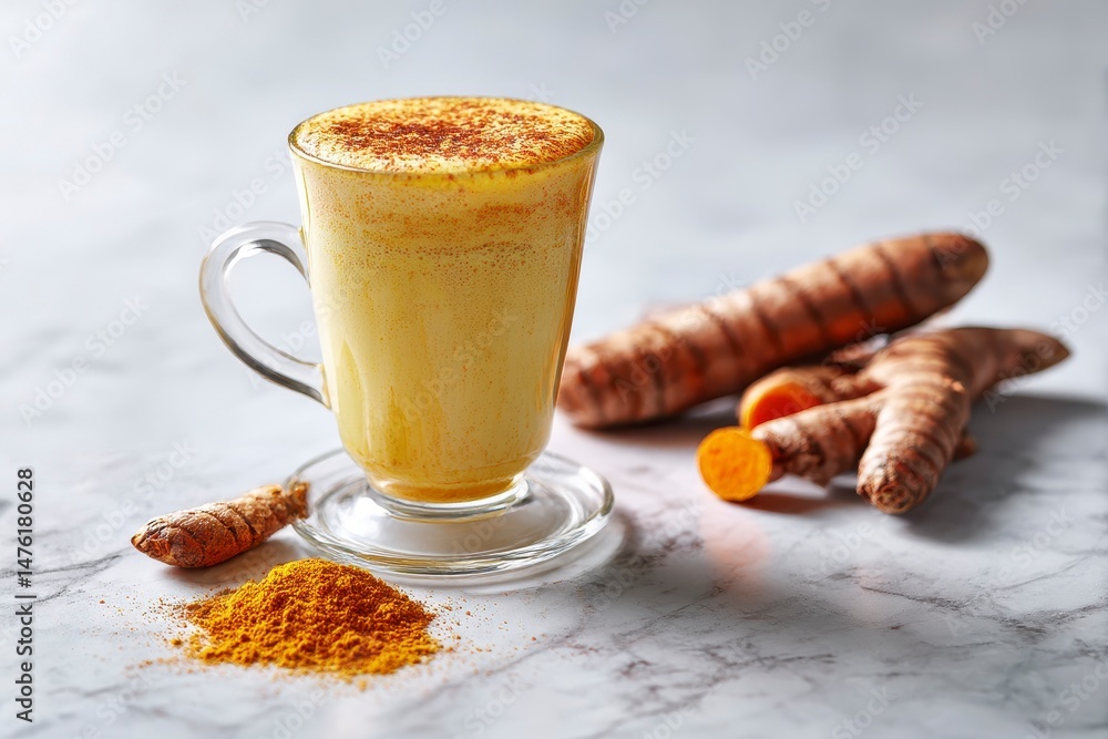 Delicious turmeric latte, powder and rhizomes on white marble table