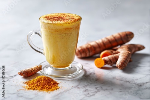 Delicious turmeric latte, powder and rhizomes on white marble table