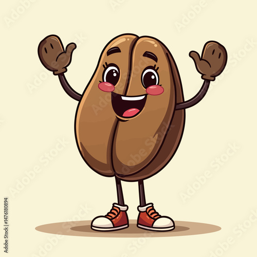 Hand-drawn vintage coffee bean character with joyful wave, bold outlines and neutral background for clean branding visuals.
