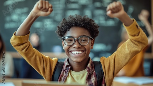 A student celebrating after solving a difficult math problem, fist pump in the air --ar 16:9 --v 6.1 Job ID: fd6965ae-da72-46f6-83d5-56367e47b1fc