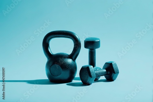 Obraz na płótnie Kettlebell and dumbbells on light blue background w salonie