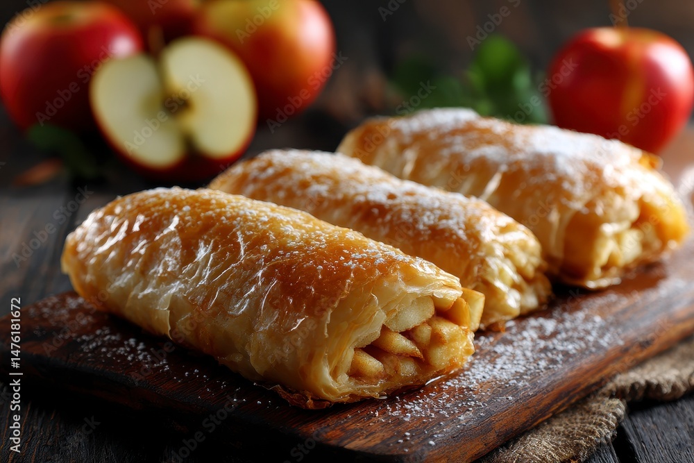 Tasty strudels with apples on table