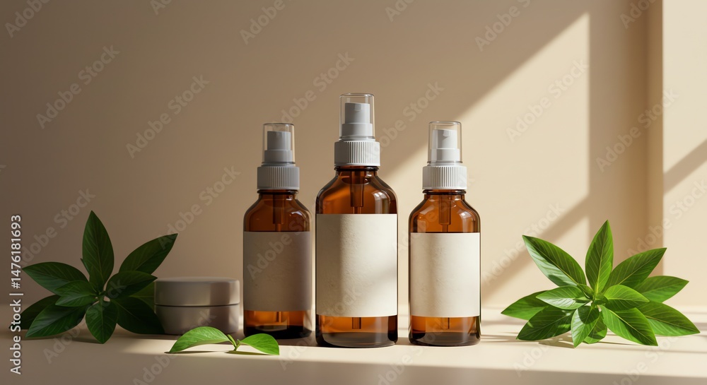 Cosmetic Product Bottles with Leaves Cosmetic Product Bottles with Leaves