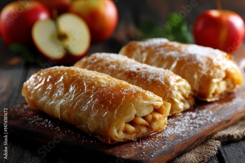 Obraz na płótnie Tasty strudels with apples on table w salonie