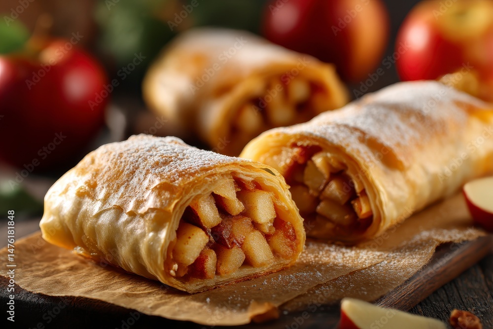 Tasty strudels with apples on table