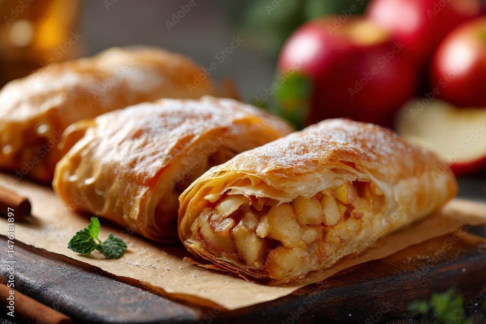 Tasty strudels with apples on table