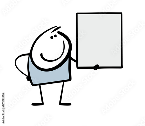 Doodle funny stickman holds a banner with an empty space for text. Vector illustration of cartoon boy and important information on a piece of paper. Clipart.