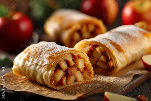 Obraz na płótnie Tasty strudels with apples on table w salonie