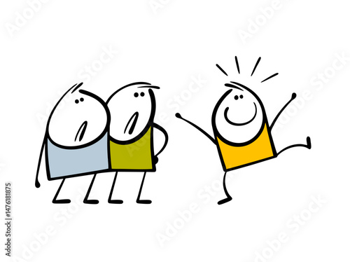 Group of disgruntled people looks at a positive stickman and condemns the person. Vector illustration of bullying in a classroom or office, a boy dancing with delight, the winner.
