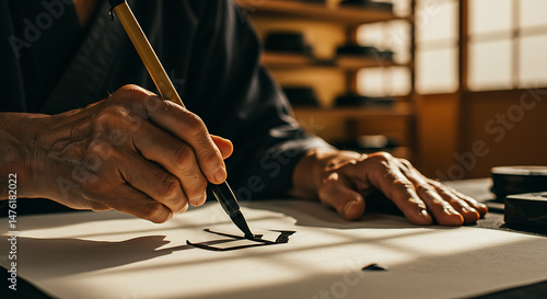 Japanese calligraphy art serene moment ink brushstrokes flow effortlessly on paper capturing ancient wisdom