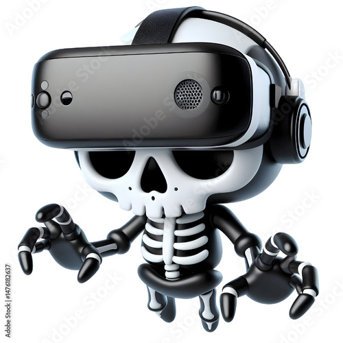BLACK Cute skeleton character wearing virtual reality glasses and floating, 3d illustration with scared face isolated on white background