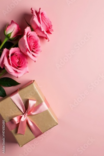 A Delicate Arrangement of Pink Roses and a Gift Box with a Light Pink Ribbon on a Soft Pink Background