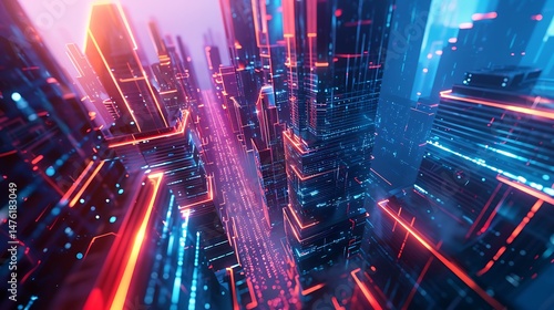 Cyberpunk city futuristic urban landscape at night. Neon glowing skyscrapers and digital streets in perspective. Sci-fi metropolis concept for digital art.
