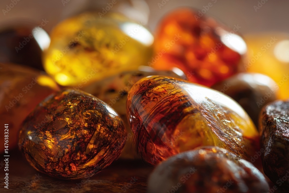 A detailed close-up of assorted polished and unpolished amber stones, showcasing their rich colors and textures
