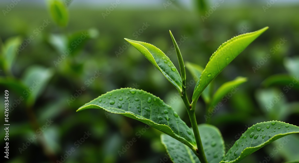 Tea Leaf Fresh Growth with Water Drops Tea Leaf Fresh Growth with Water Drops