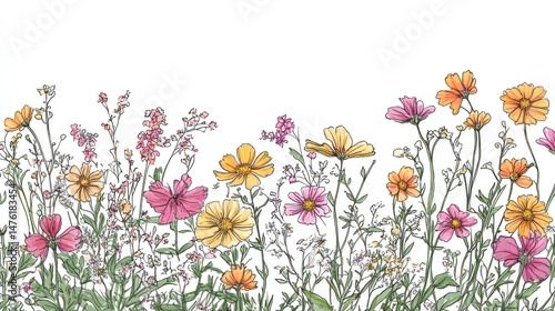 Colorful wildflowers in a meadow border design.