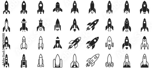 Rocket icon set featuring vector rocket silhouettes, startup symbols, space shuttle, and spaceship launch designs in black and white outlines, ideal for tech, innovation, and aerospace projects

