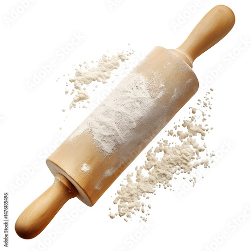 Rolling Dough Wooden Rolling Pin Covered in White Flour on Table