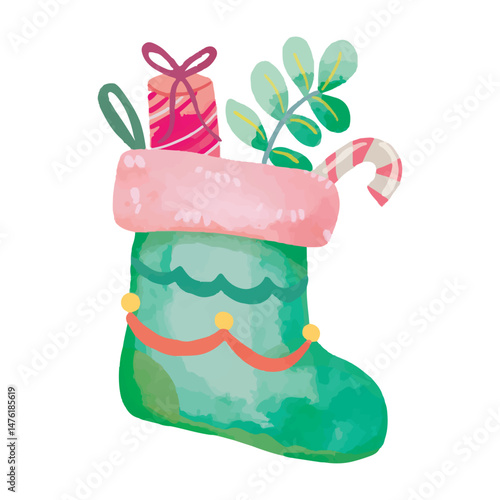Christmas stocking filled with gifts and candy cane in watercolor design with isolated background