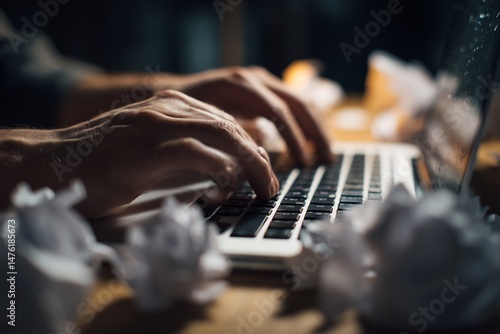 Creative process showing writers block with crumpled paper and a laptop
